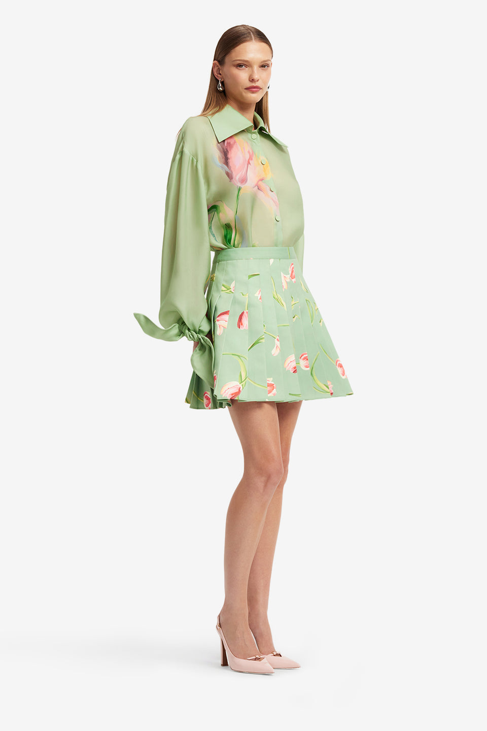Exclusive LEO LIN Melody Pleated Mini Skirt - Tulip Print in Green