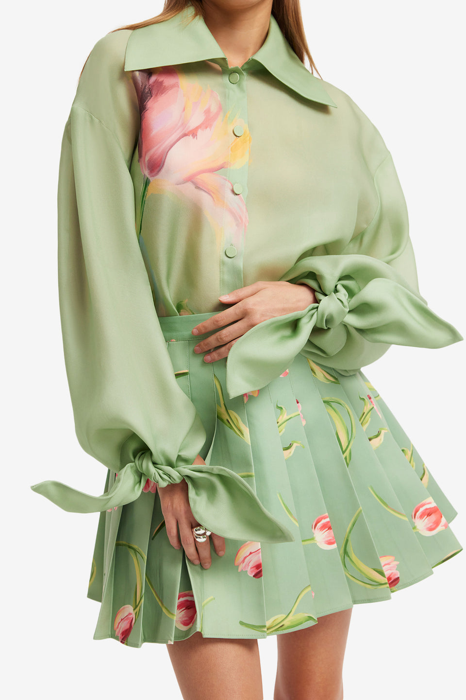 Exclusive LEO LIN Melody Pleated Mini Skirt - Tulip Print in Green