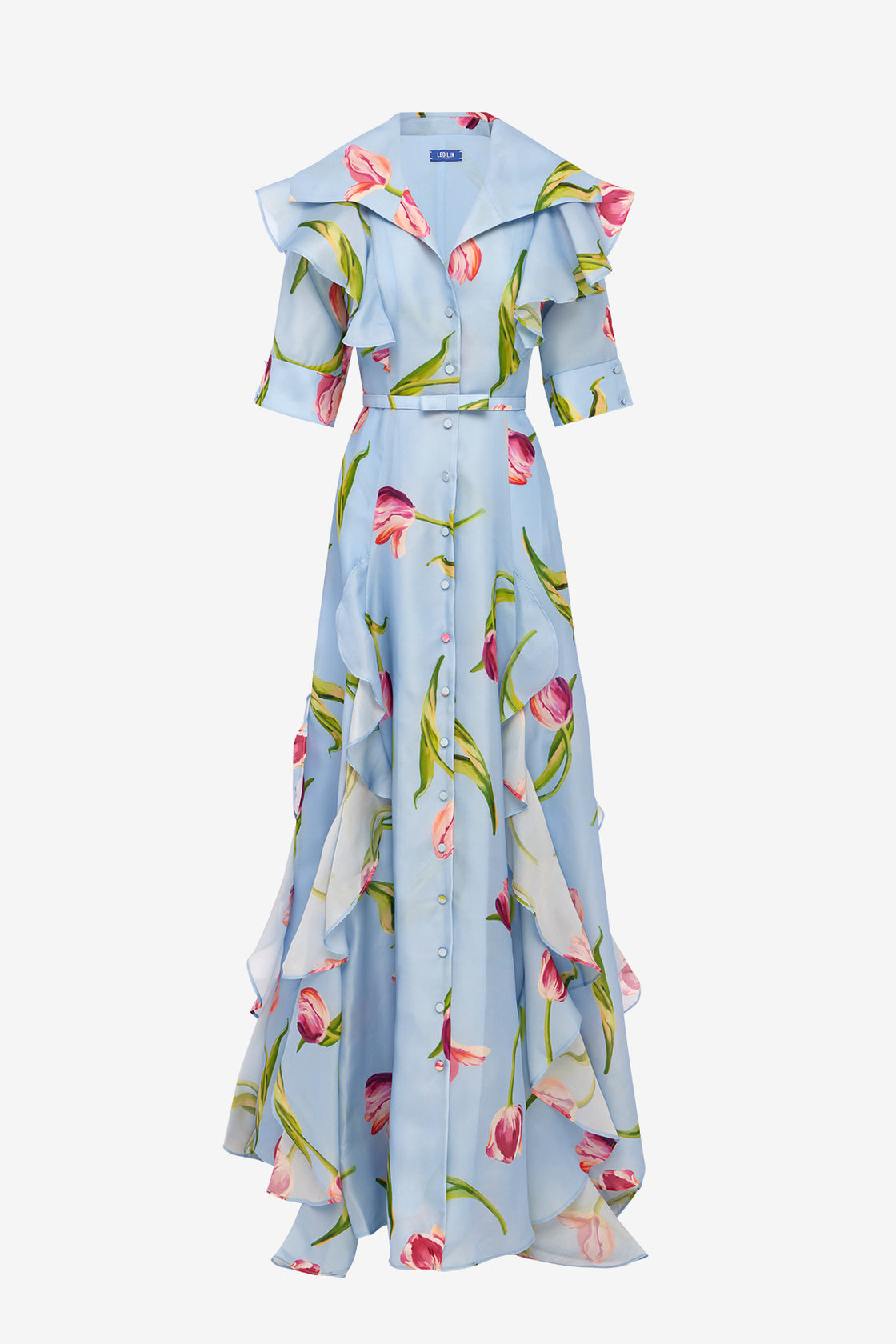 Isabella Silk Gown - Tulip Print in Blue Dress Maxi