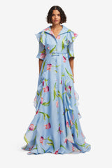 Isabella Silk Gown - Tulip Print in Blue Dress Maxi