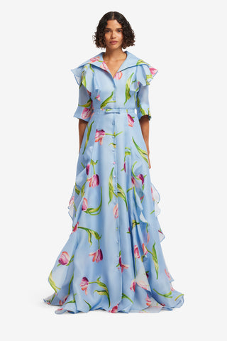 Isabella Silk Gown - Tulip Print in Blue Dress Maxi