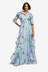 Isabella Silk Gown - Tulip Print in Blue Dress Maxi