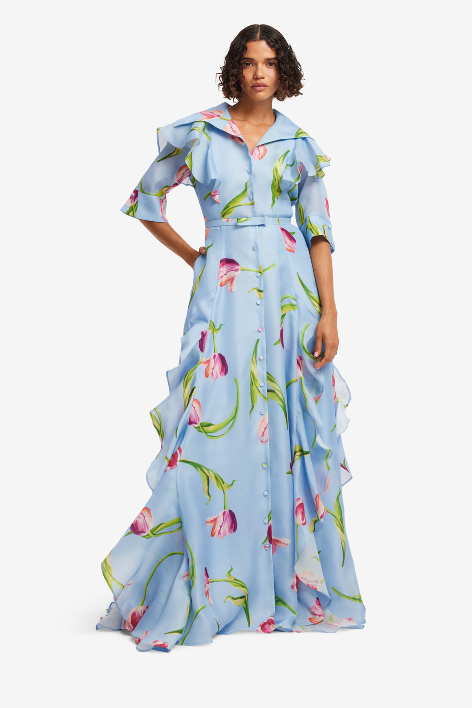 Exclusive LEO LIN Isabella Silk Gown - Tulip Print in Blue
