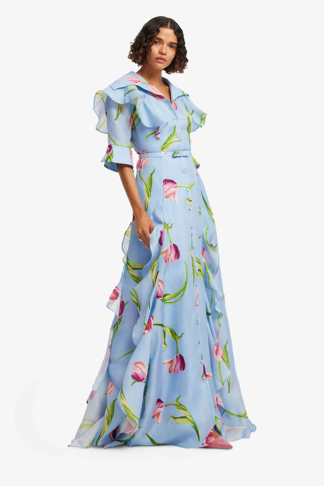 Isabella Silk Gown - Tulip Print in Blue Dress Maxi