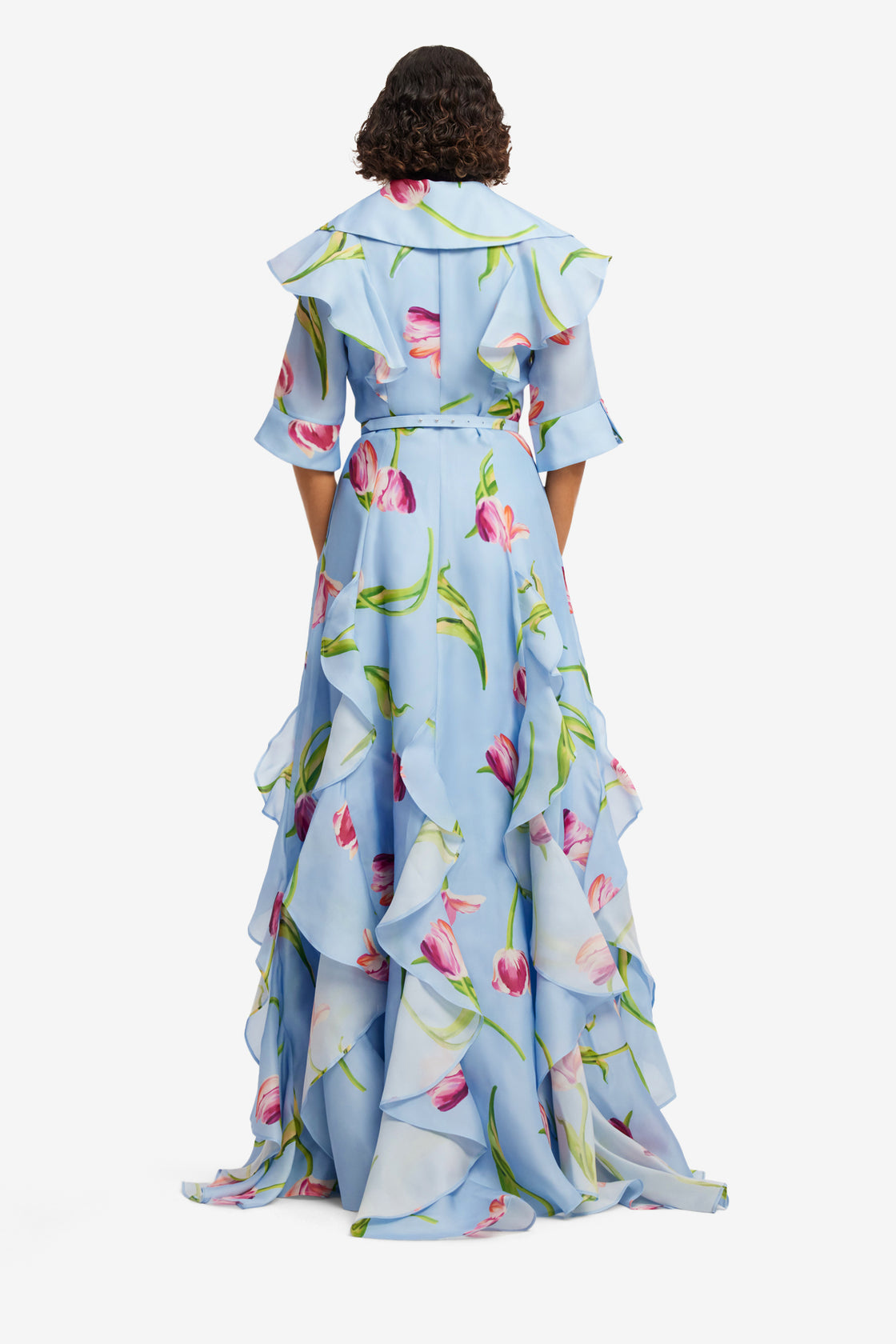 Isabella Silk Gown - Tulip Print in Blue Dress Maxi
