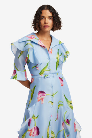 Isabella Silk Gown - Tulip Print in Blue Dress Maxi