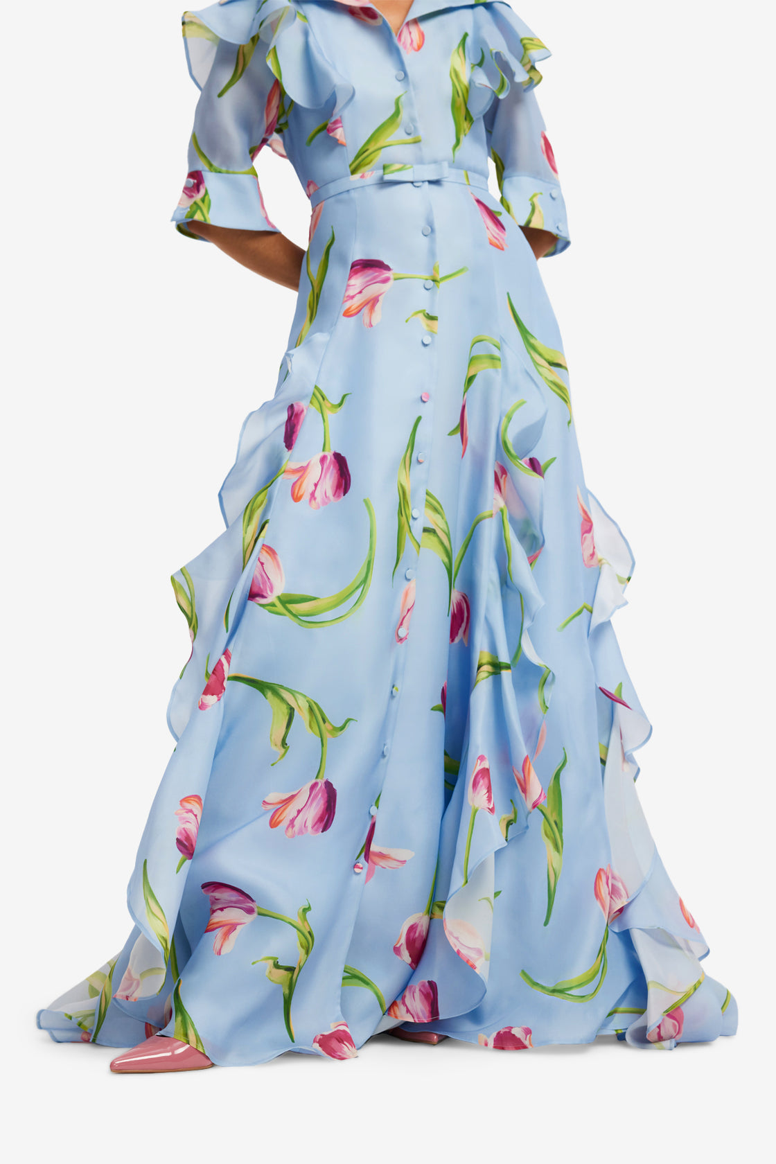Isabella Silk Gown - Tulip Print in Blue Dress Maxi