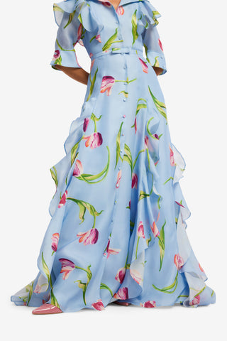 Isabella Silk Gown - Tulip Print in Blue Dress Maxi