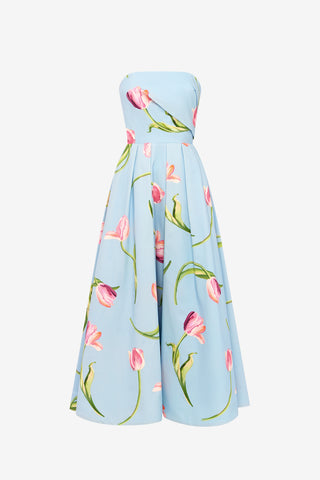 Lynn Bustier Midi Dress - Tulip Print in Blue Dress Midi