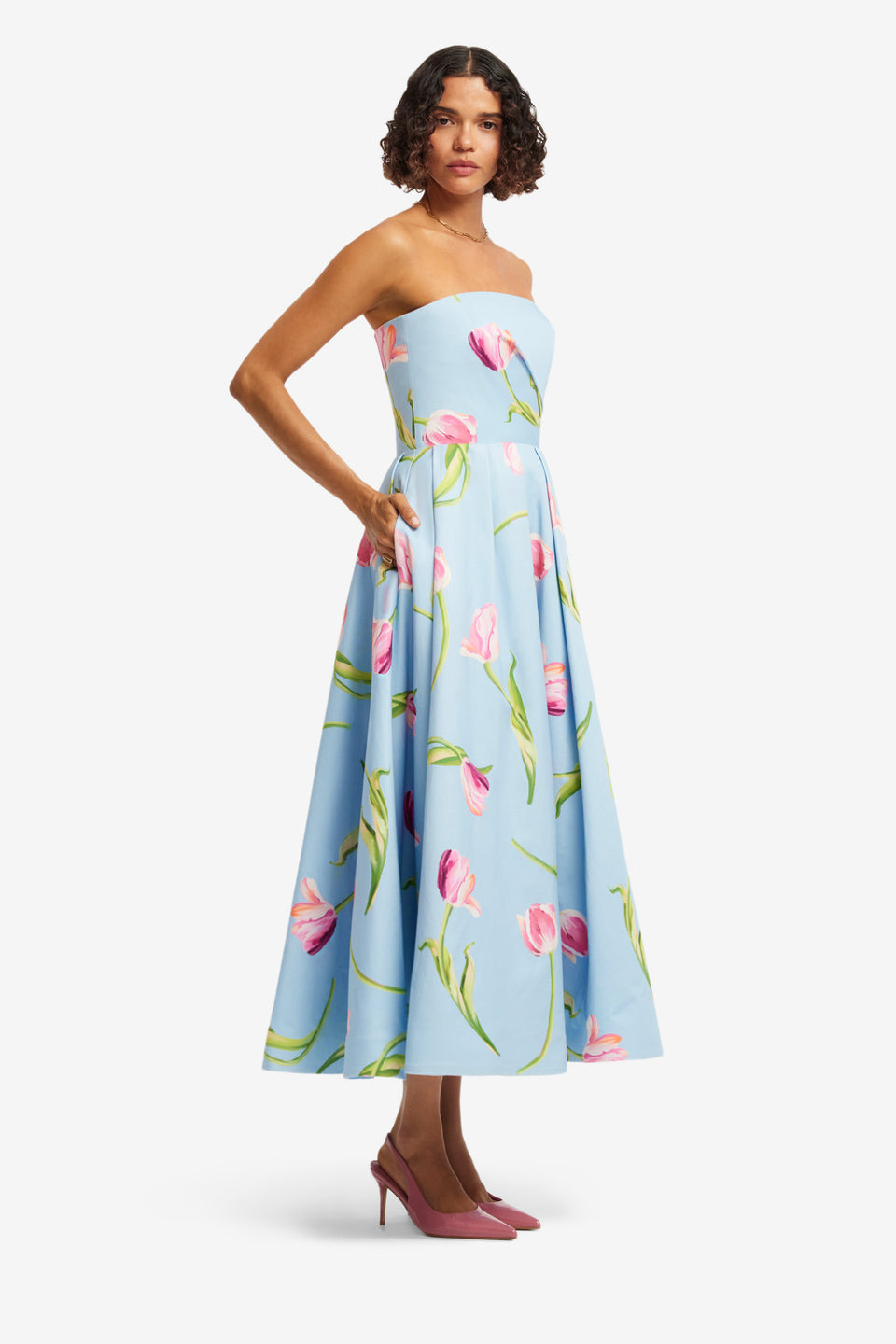 Exclusive LEO LIN Lynn Bustier Midi Dress - Tulip Print in Blue