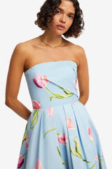 Lynn Bustier Midi Dress - Tulip Print in Blue Dress Midi
