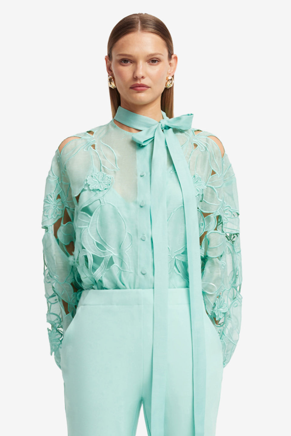 Exclusive LEO LIN Elle Applique Blouse - Pale Turquoise