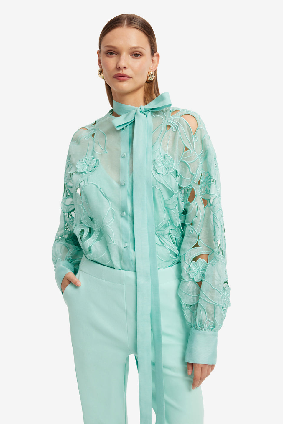 Exclusive LEO LIN Elle Applique Blouse - Pale Turquoise