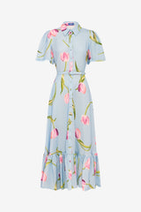 Becca Short Sleeve Midi Dress - Tulip Print in Blue Dress Midi