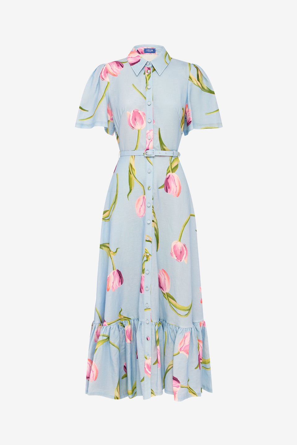 Exclusive LEO LIN Becca Short Sleeve Midi Dress - Tulip Print in Blue