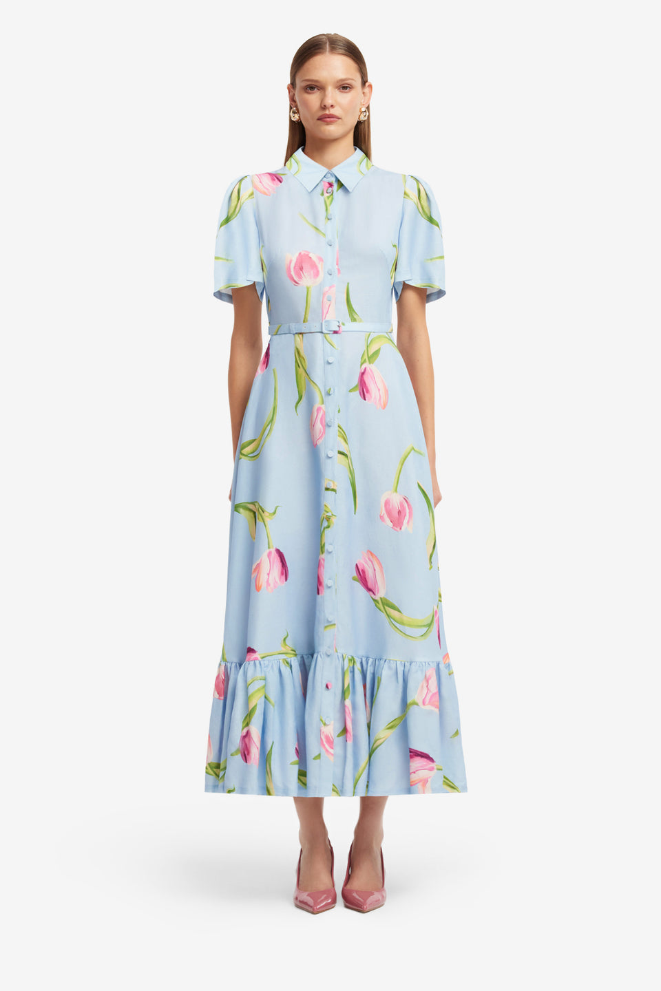 Exclusive LEO LIN Becca Short Sleeve Midi Dress - Tulip Print in Blue