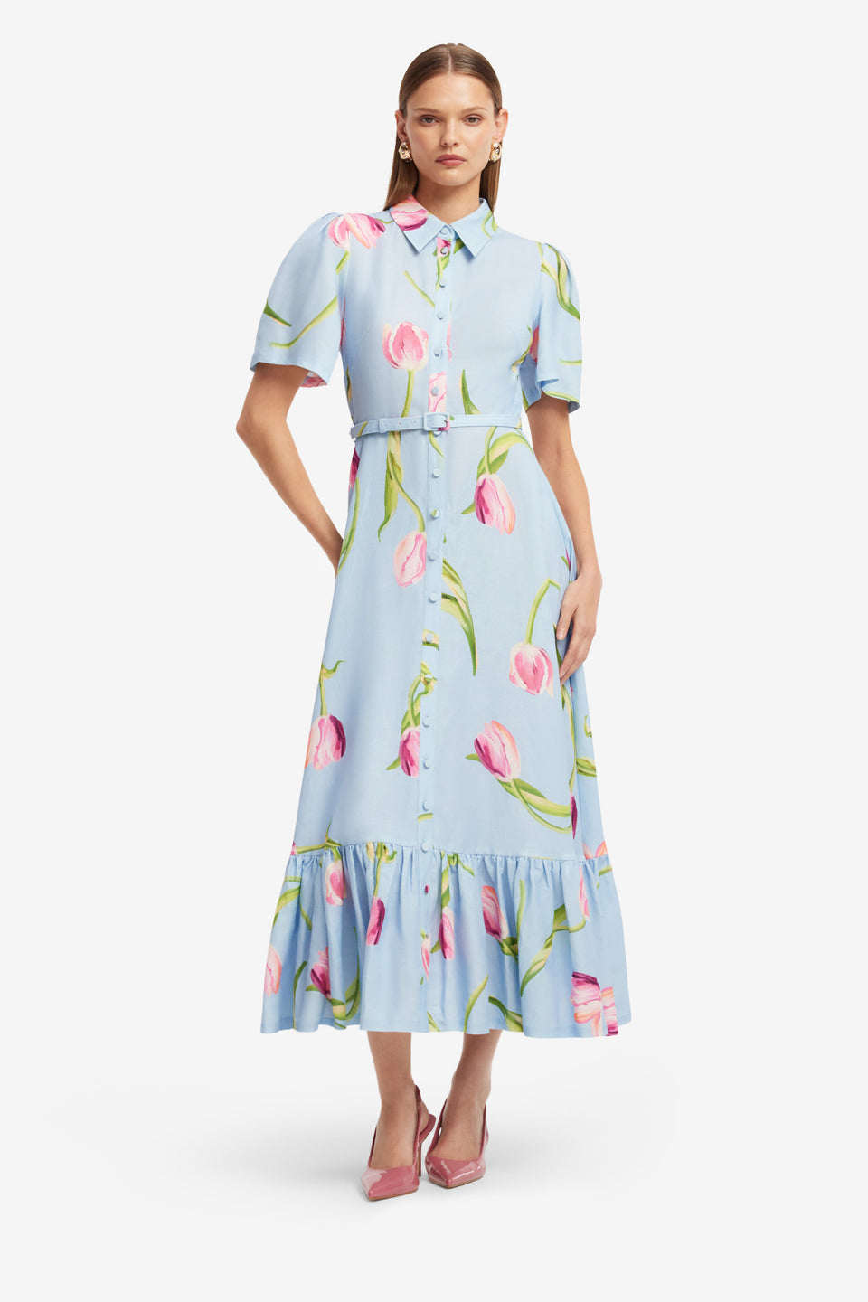 Exclusive LEO LIN Becca Short Sleeve Midi Dress - Tulip Print in Blue