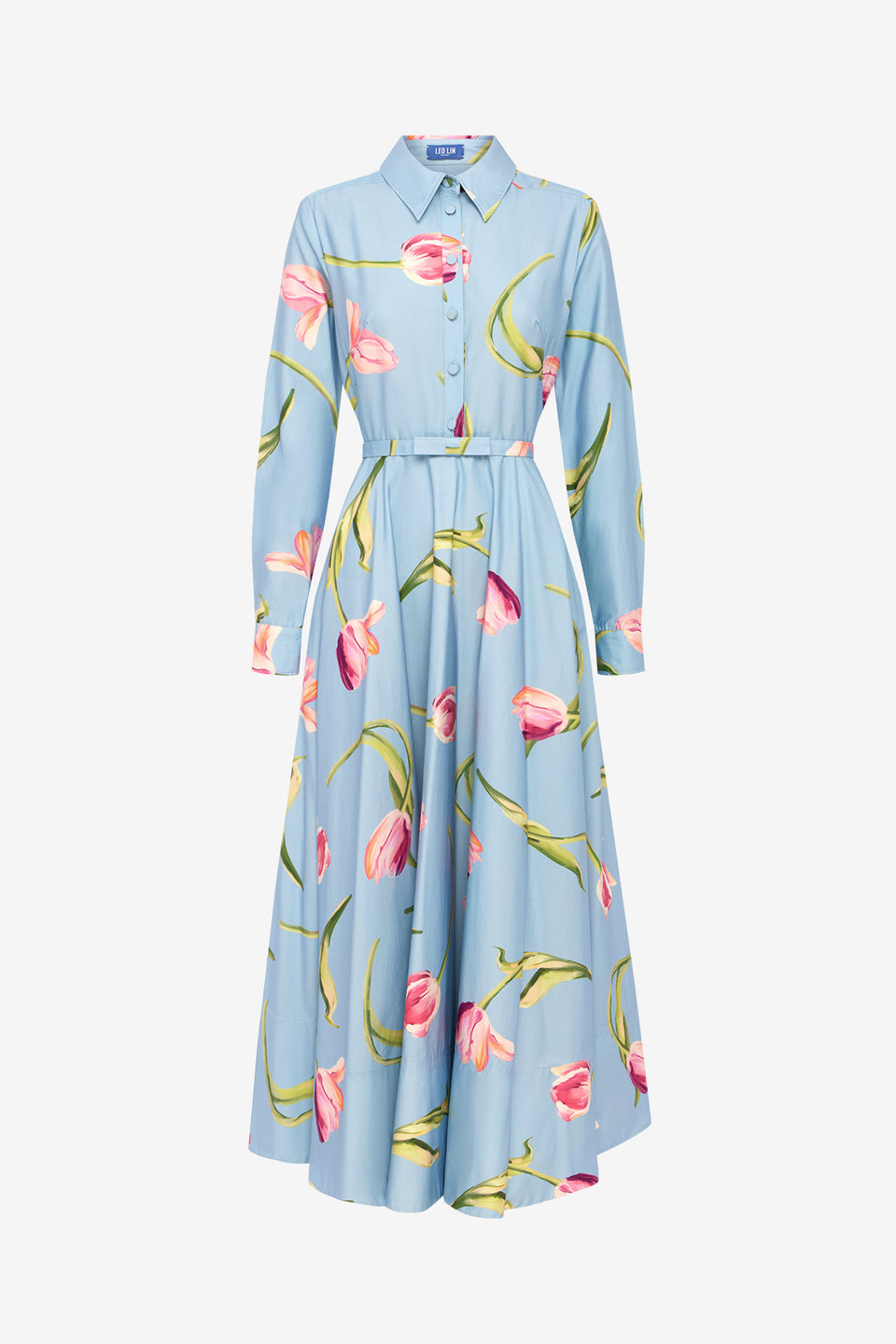 Exclusive LEO LIN Zara Shirt Midi Dress - Tulip Print in Blue