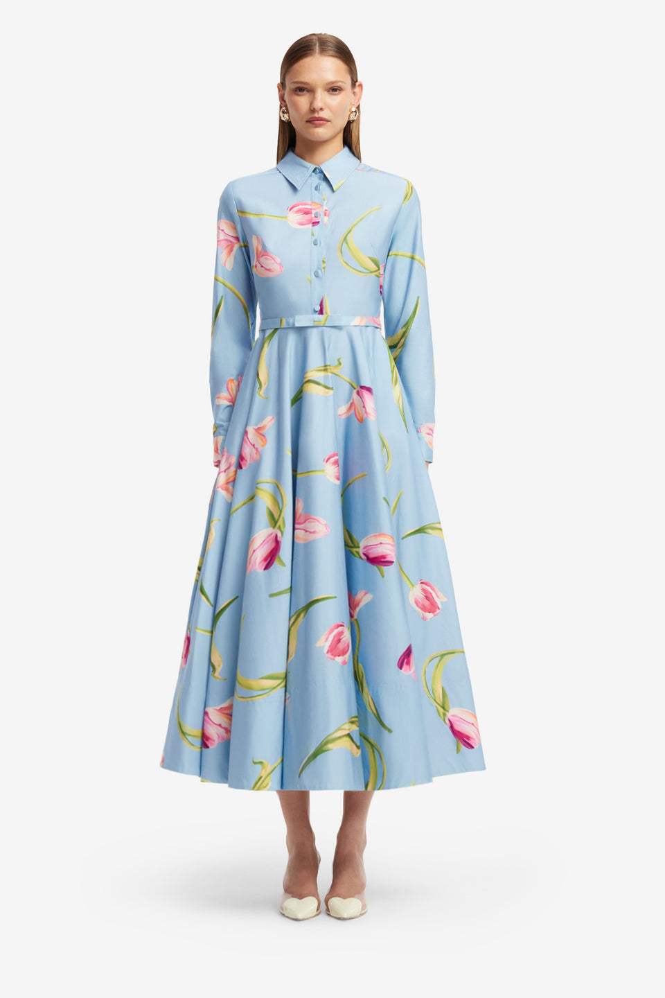 Exclusive LEO LIN Zara Shirt Midi Dress - Tulip Print in Blue