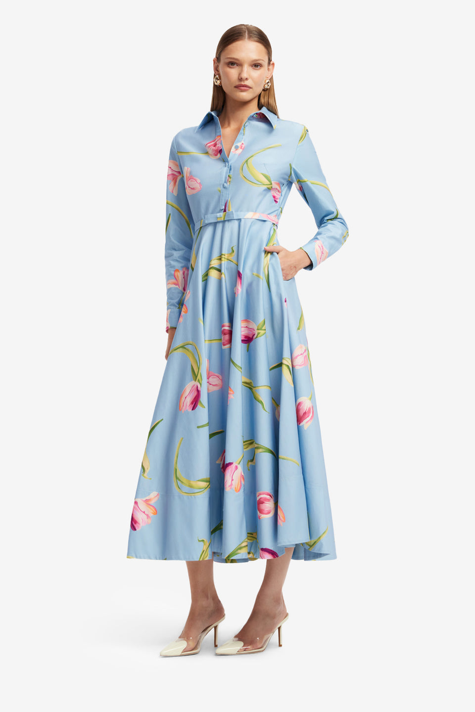 Exclusive LEO LIN Zara Shirt Midi Dress - Tulip Print in Blue