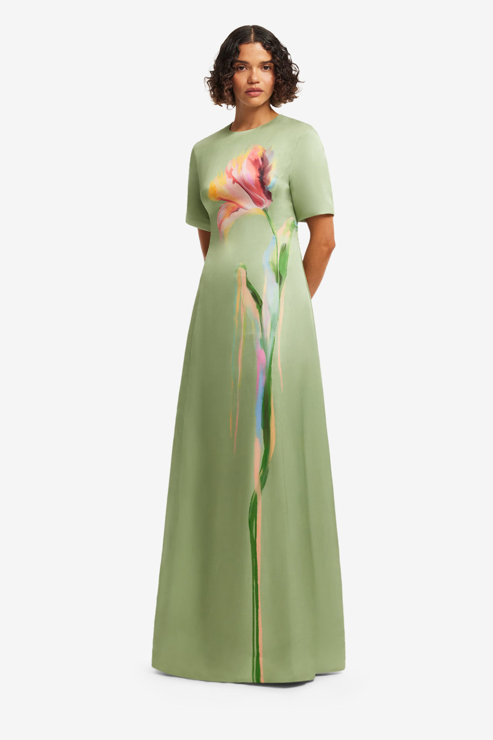 Exclusive LEO LIN Alice Short Sleeve Maxi Dress - Tulip Print in Green