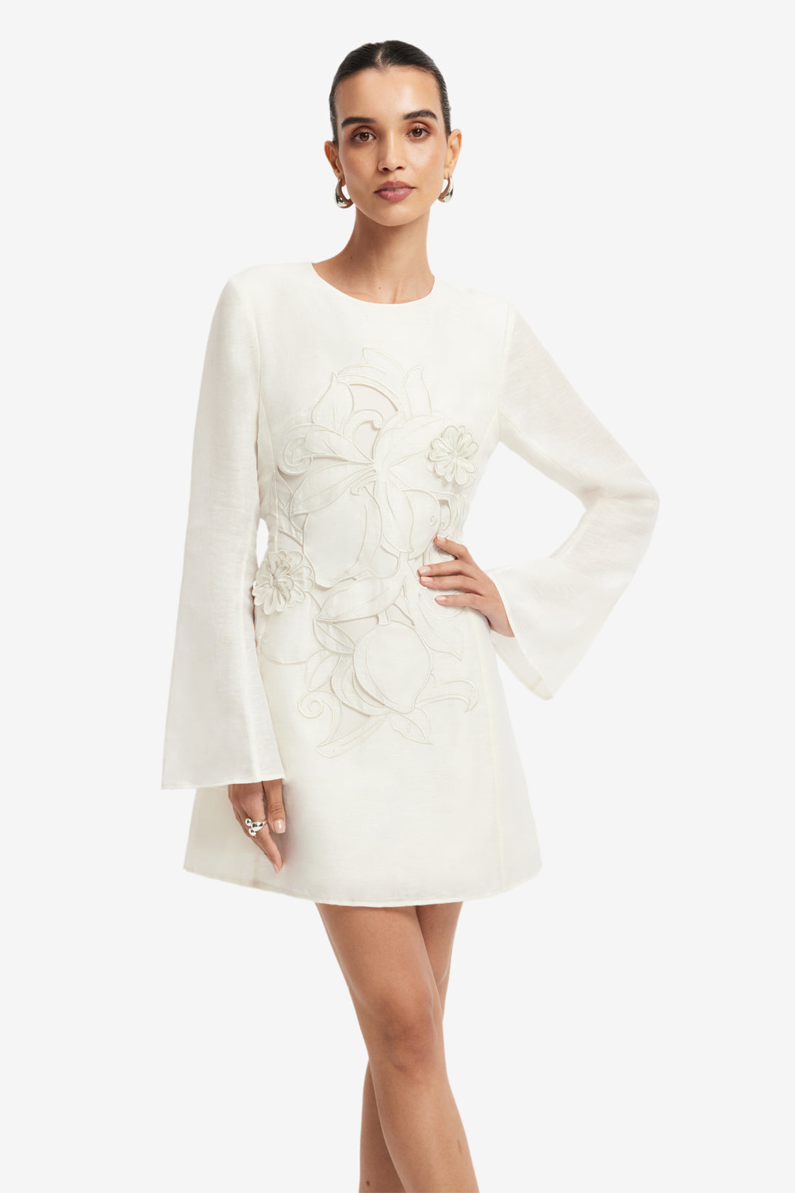 Exclusive LEO LIN Suzanne Applique Bell Sleeve Mini Dress - Snow