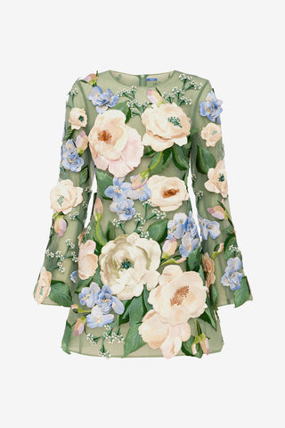 Suzanne Floral Hand-Embroidered Bell Sleeve Mini Dress - Blossom Dress Mini