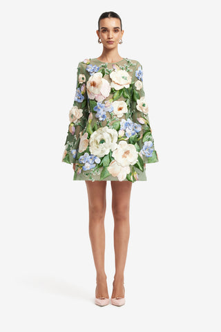 Suzanne Floral Hand-Embroidered Bell Sleeve Mini Dress - Blossom Dress Mini