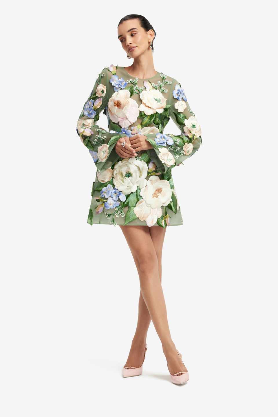 Exclusive LEO LIN Suzanne Floral Hand-Embroidered Bell Sleeve Mini Dress - Blossom