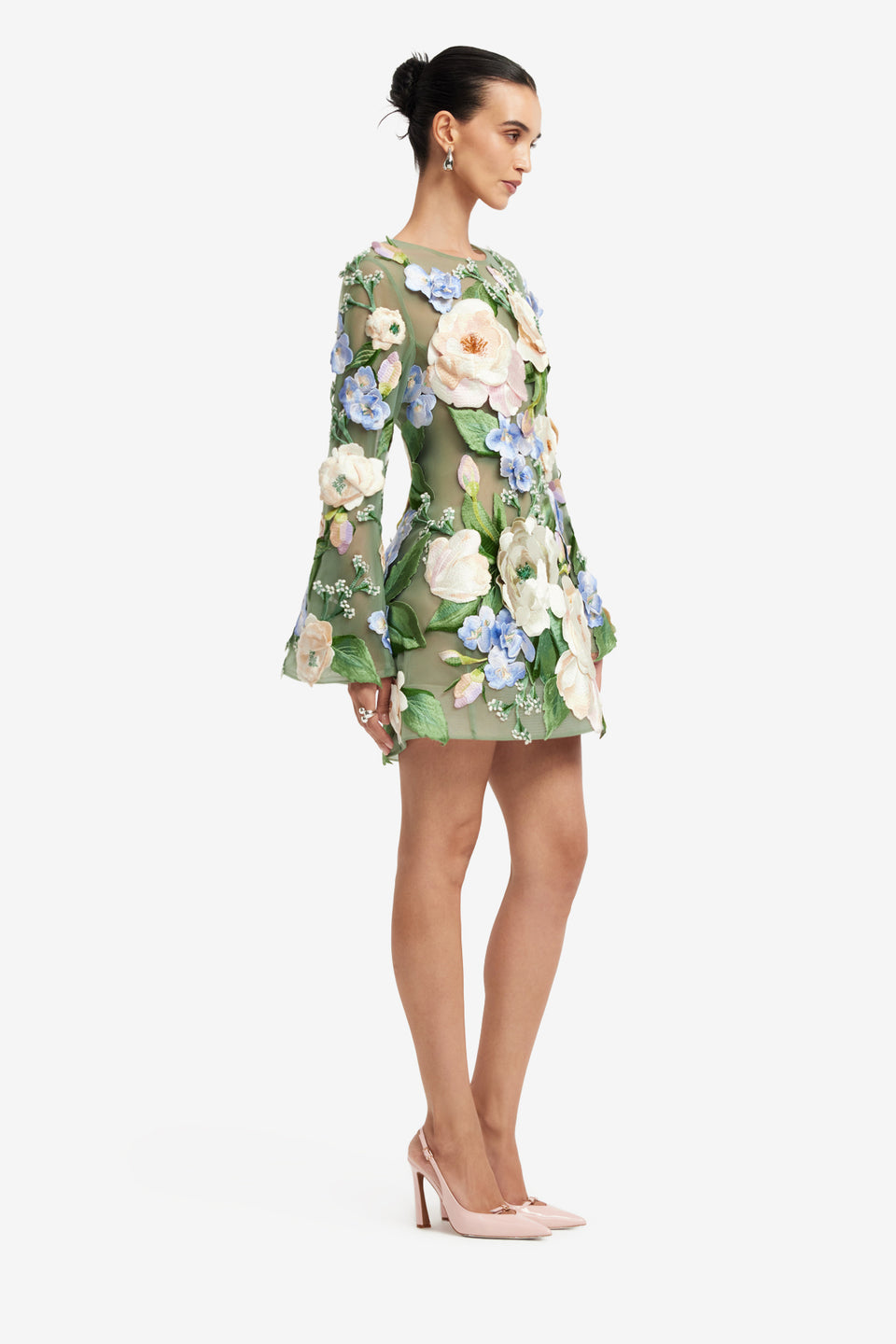 Exclusive LEO LIN Suzanne Floral Hand-Embroidered Bell Sleeve Mini Dress - Blossom