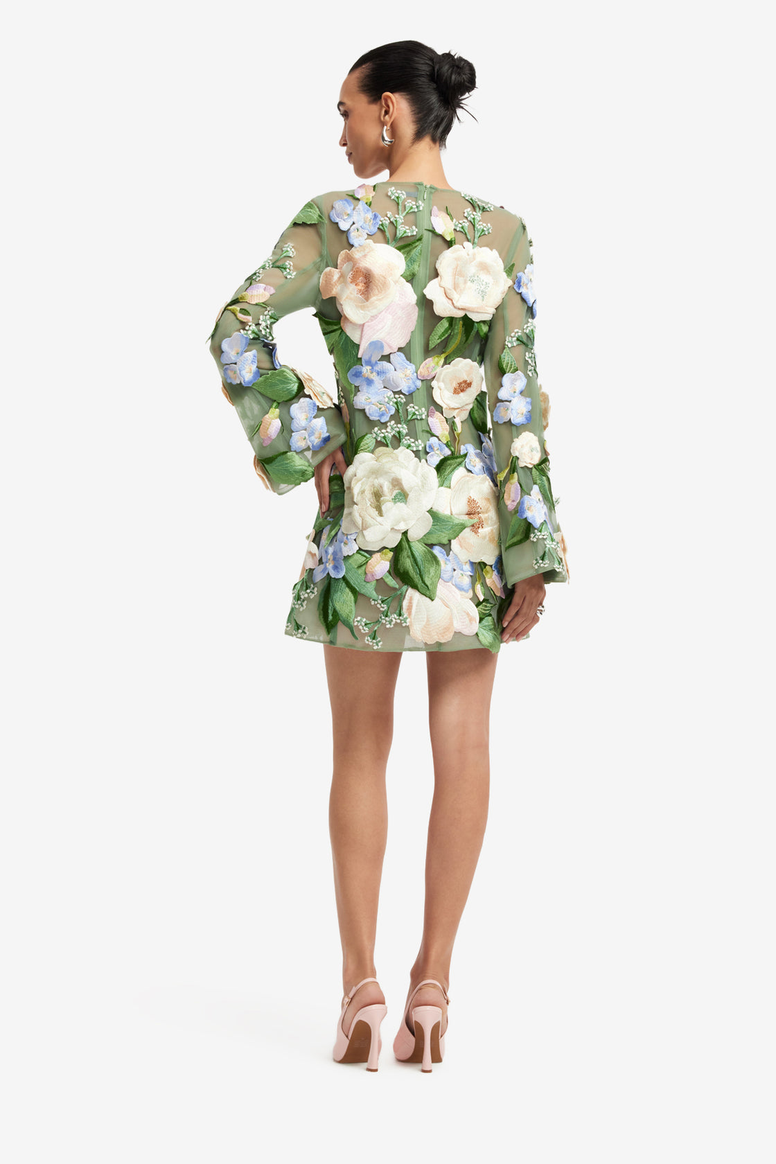 Suzanne Floral Hand-Embroidered Bell Sleeve Mini Dress - Blossom Dress Mini