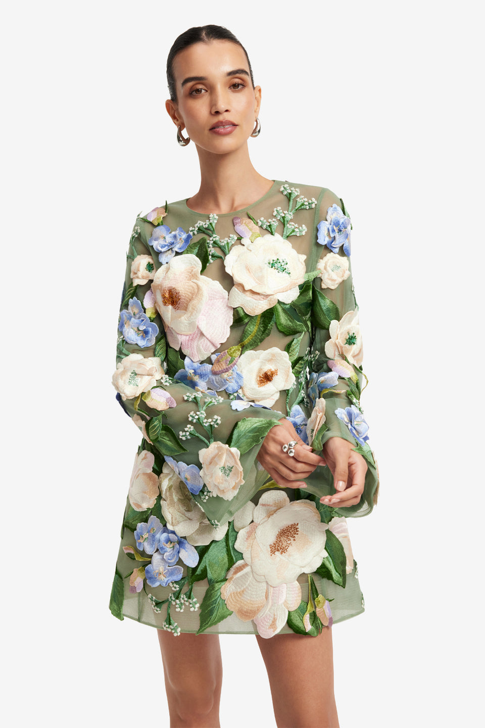 Exclusive LEO LIN Suzanne Floral Hand-Embroidered Bell Sleeve Mini Dress - Blossom