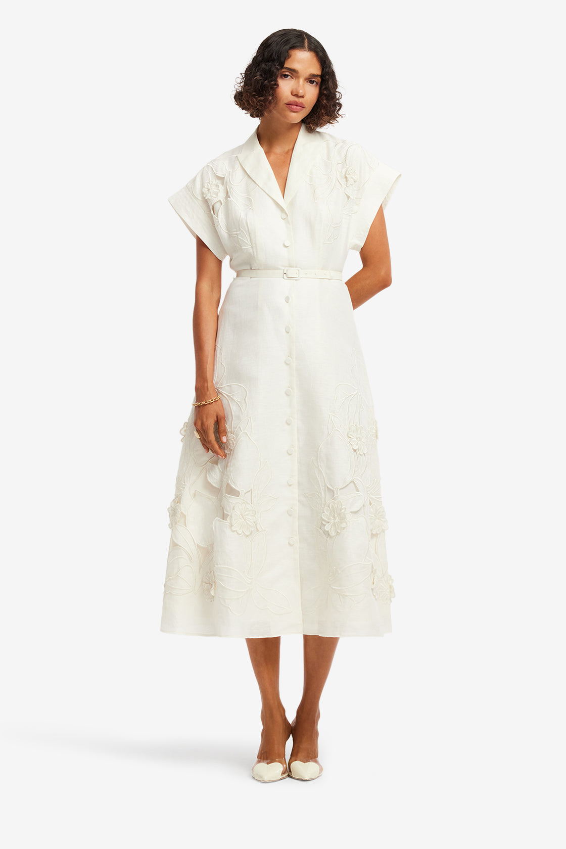 Exclusive LEO LIN Aubrey Applique Shirt Midi Dress - Snow
