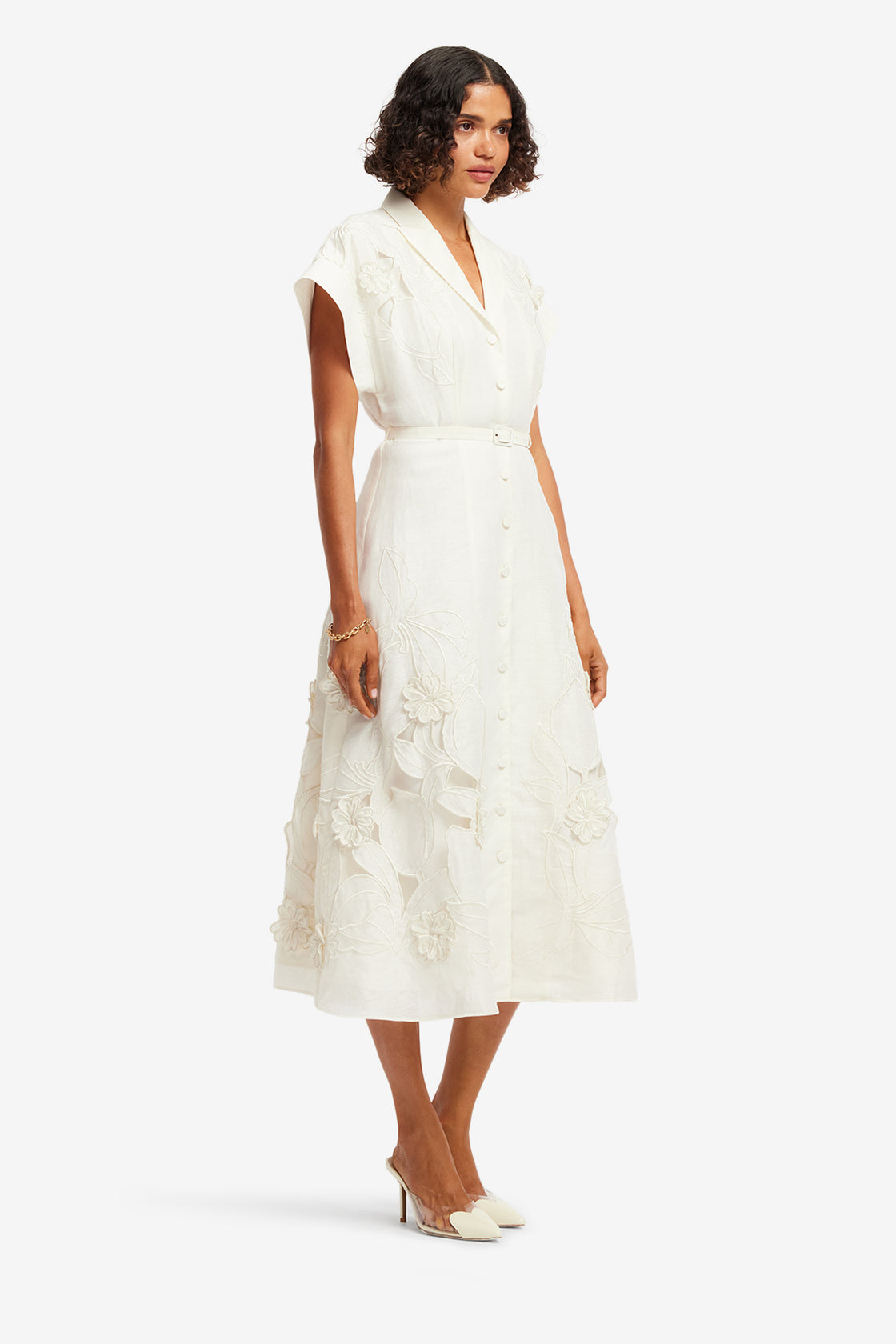 Exclusive LEO LIN Aubrey Applique Shirt Midi Dress - Snow