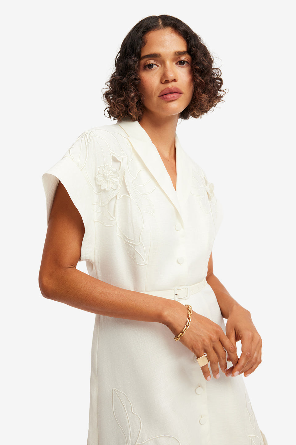 Exclusive LEO LIN Aubrey Applique Shirt Midi Dress - Snow