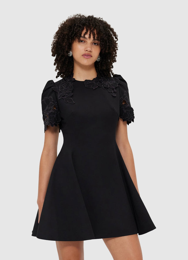 Exclusive Leo Lin Elyse Appliqué Short Sleeve Mini Dress - Ebony