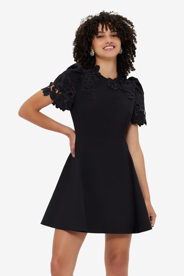 Exclusive Leo Lin Elyse Appliqué Short Sleeve Mini Dress - Ebony