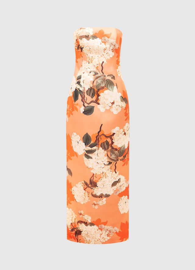 Exclusive Leo Lin Rayna Bustier Maxi Dress - Hydrangea Print in Tangerine