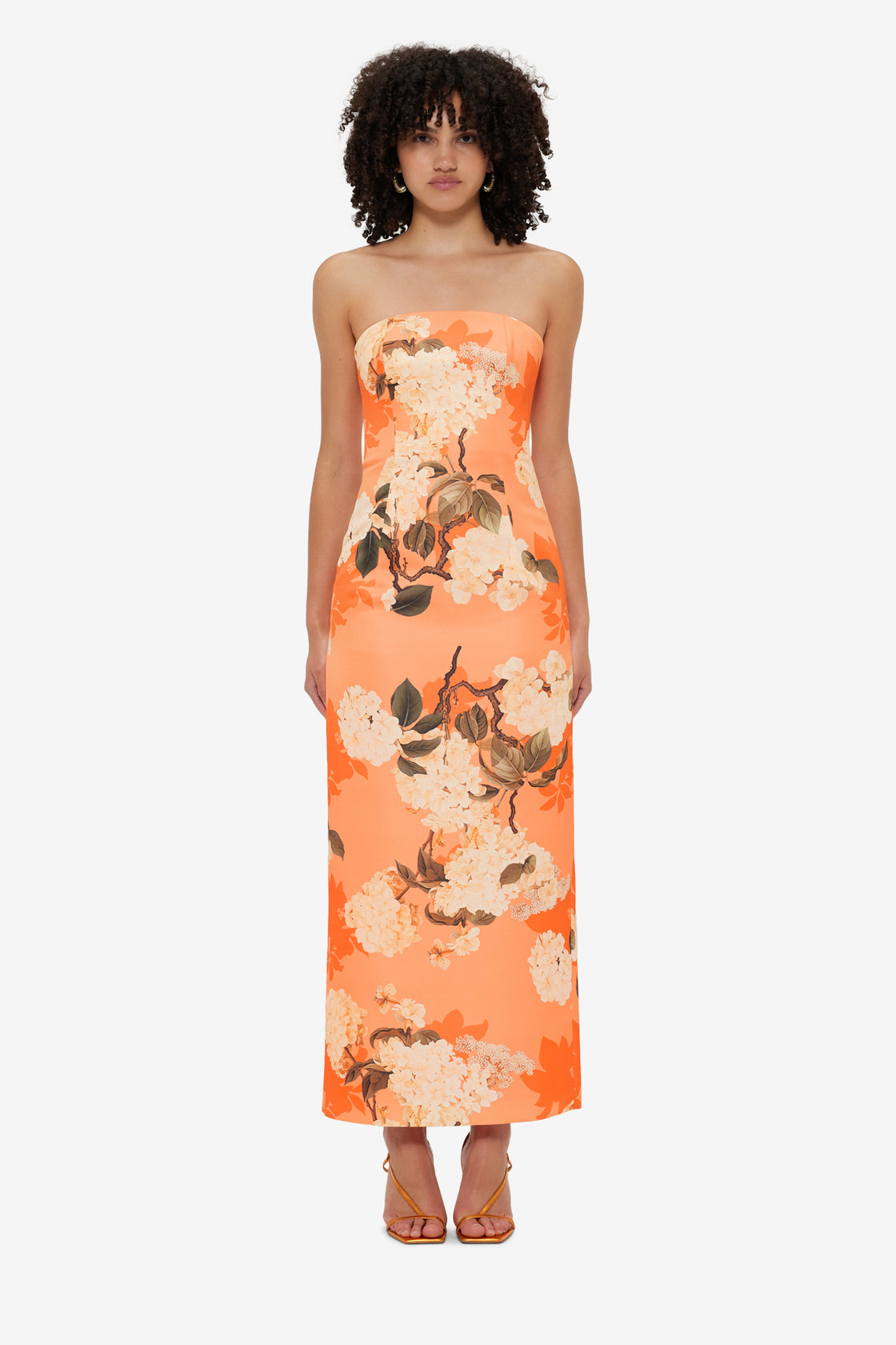 Exclusive Leo Lin Rayna Bustier Maxi Dress - Hydrangea Print in Tangerine