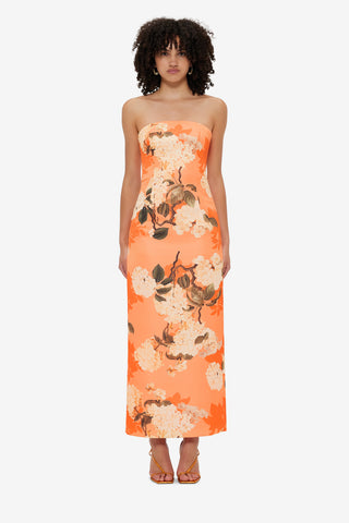 Exclusive Leo Lin Rayna Bustier Maxi Dress - Hydrangea Print in Tangerine
