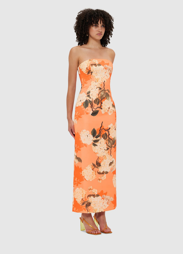 Exclusive Leo Lin Rayna Bustier Maxi Dress - Hydrangea Print in Tangerine