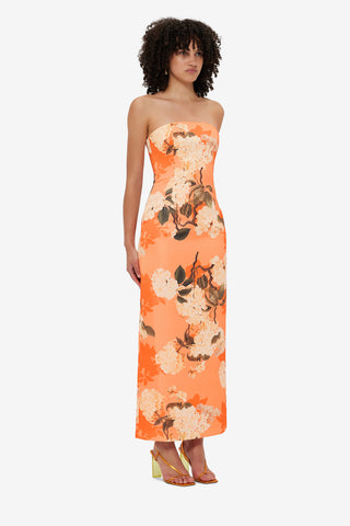 Exclusive Leo Lin Rayna Bustier Maxi Dress - Hydrangea Print in Tangerine