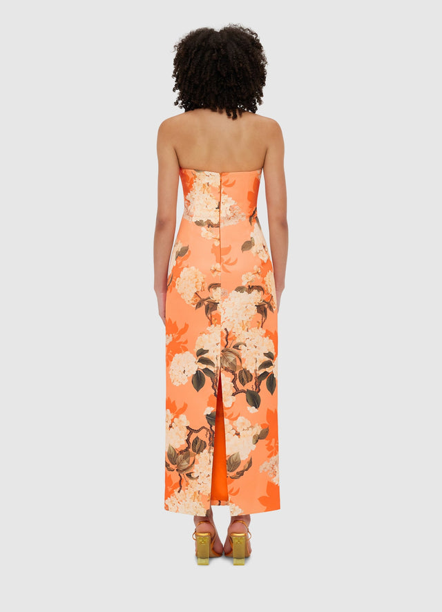 Exclusive Leo Lin Rayna Bustier Maxi Dress - Hydrangea Print in Tangerine