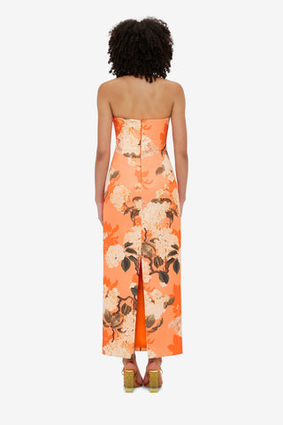 Exclusive Leo Lin Rayna Bustier Maxi Dress - Hydrangea Print in Tangerine
