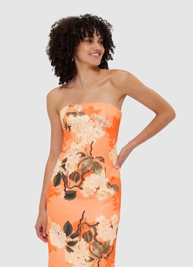 Exclusive Leo Lin Rayna Bustier Maxi Dress - Hydrangea Print in Tangerine