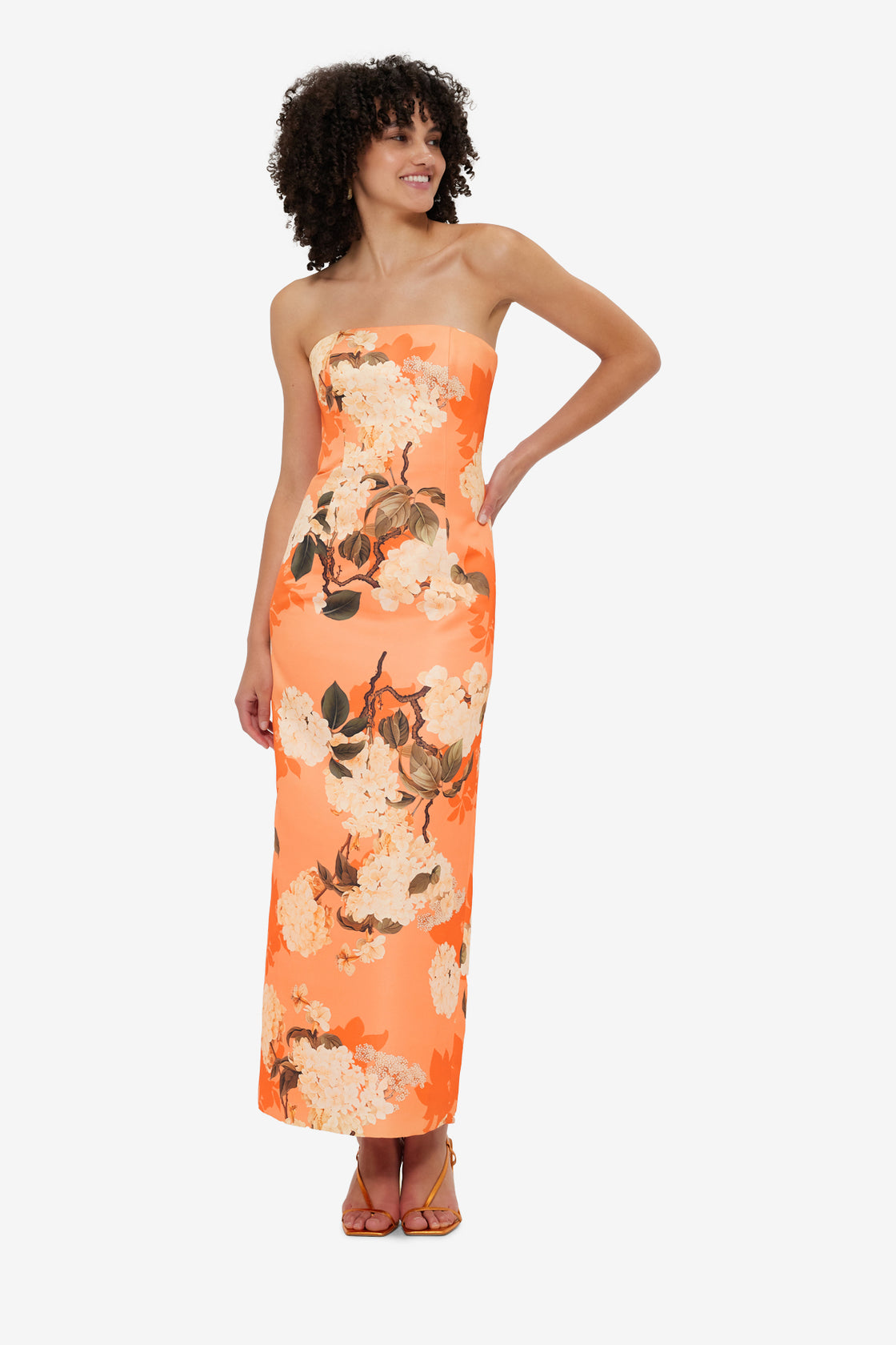 Exclusive Leo Lin Rayna Bustier Maxi Dress - Hydrangea Print in Tangerine