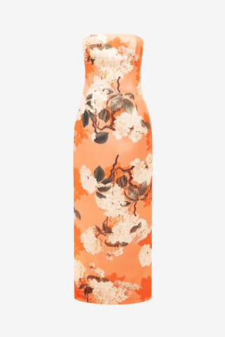 Exclusive Leo Lin Rayna Bustier Maxi Dress - Hydrangea Print in Tangerine