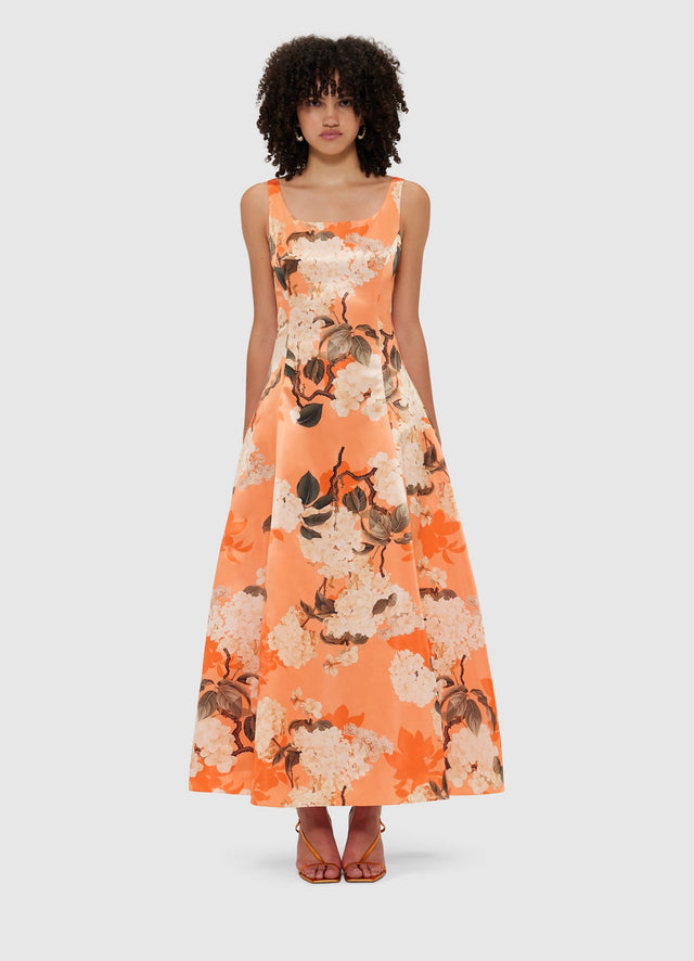 Exclusive Leo Lin Charlotte Maxi Dress - Hydrangea Print in Tangerine