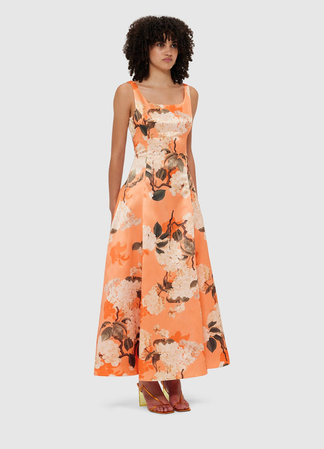 Exclusive Leo Lin Charlotte Maxi Dress - Hydrangea Print in Tangerine