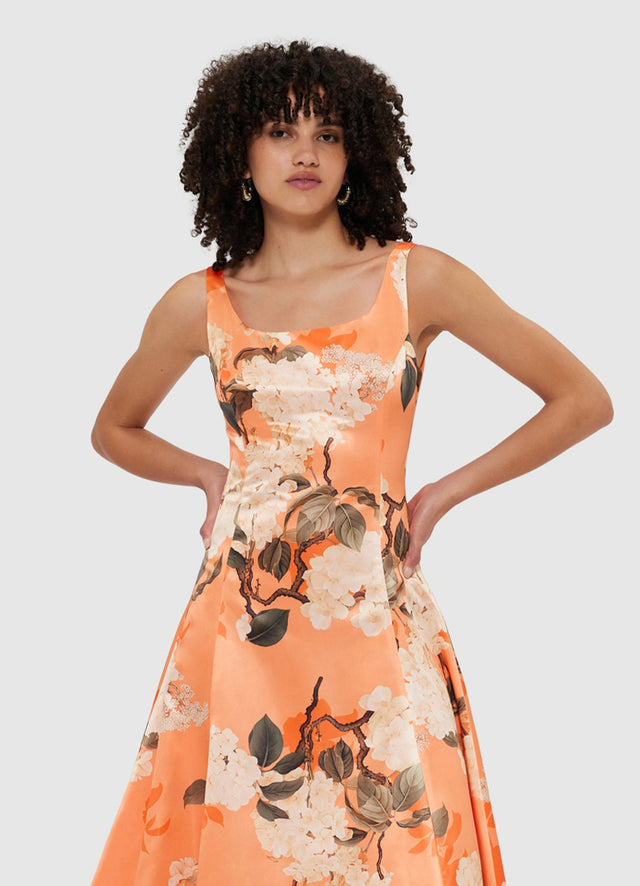 Exclusive Leo Lin Charlotte Maxi Dress - Hydrangea Print in Tangerine